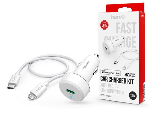 HAMA szivargyújtó töltő adapter Type-C bemenettel + USB-C - Lightning kábel -   20W - HAMA Charger Kit with USB-C - Lightning Plug - fehér