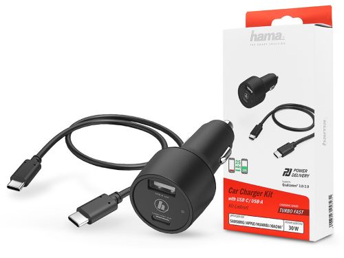 HAMA szivargyújtó töltő adapter USB-A + Type-C bemenettel + USB-C - USB-C kábel - 30W - HAMA Car Charger Kit with USB-C/USB-A - fekete