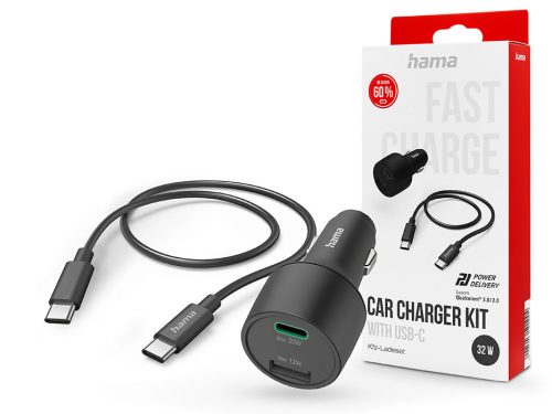 HAMA szivargyújtó töltő adapter USB + Type-C bemenettel + Type-C - Type-C kábel - 32W - HAMA Car Charger Kit with USB-C/USB-A - PD/QC 2.0 / 3.0 - fekete