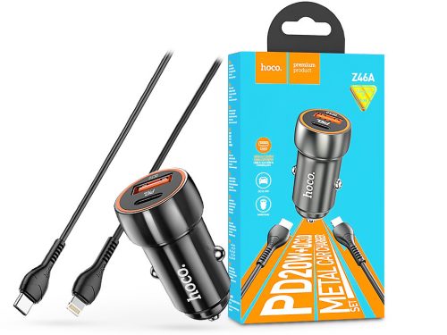 HOCO szivargyújtós töltő adapter USB + Type-C bemenettel + Lightning - Type-C  kábel - 20W - HOCO Z46A Quick Car Charger Set PD 20W + QC 3.0 - fekete