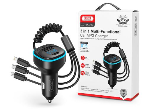 XO Bluetooth FM-transmitter/szivargyújtó töltő - USB + Type-C + MP3/FLAC/APE +  Pendrive/TF-kártyaolvasó - XO BCC07 3in1 Car Charger - fekete