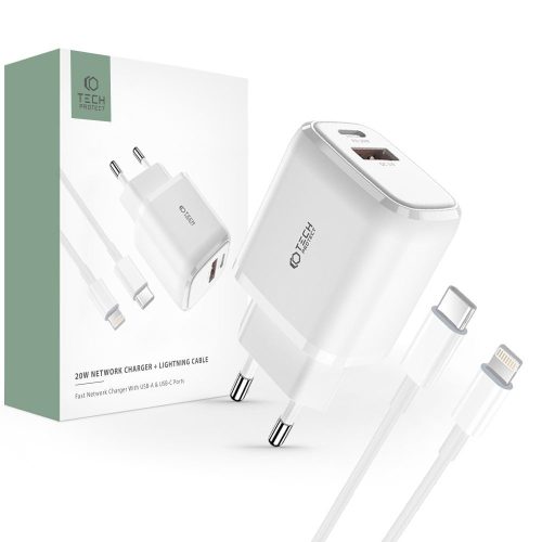 Tech-Protect C20w 2 portos hálózati töltő PD 20W QC 3.0 + Lightning kábel Fehér