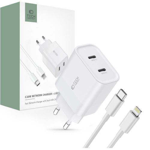 Tech-Protect C20W hálózati töltő 2xUSB-C, PD, 20W + USB-C / Lightning kábel 100cm Fehér