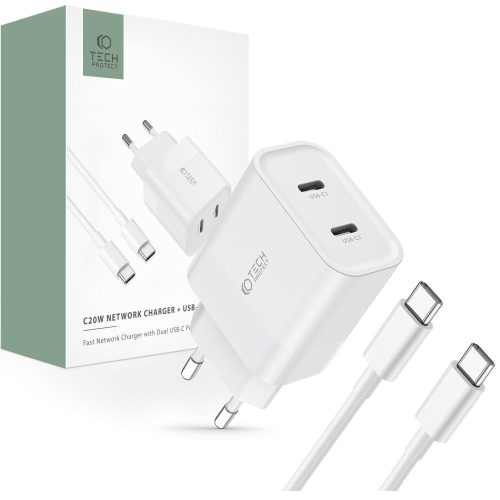 Tech-Protect C20W hálózati töltő 2xUSB-C, PD, 20W + USB-C / USB-C kábel 100cm Fehér