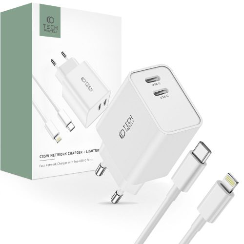 Tech-Protect C35W, 2xUSB-C, PD, 35W hálózati töltő + lightning kábel fehér