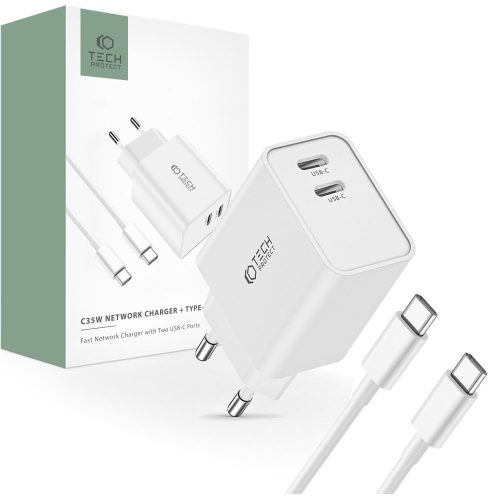 Tech-Protect C35W, 2xUSB-C, PD, 35W fali töltő + USB-C kábel fehér