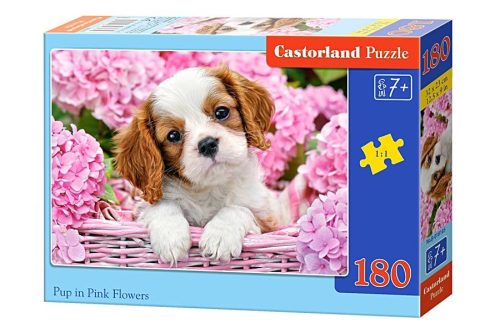 Puzzle 180 darab Pup in Pink Flowers