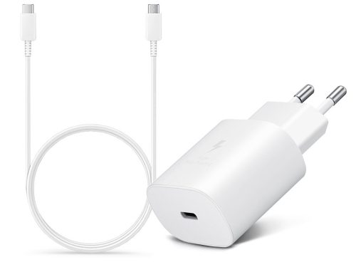 Samsung gyári hálózati töltő adapter Type-C bemenettel + 1,8 m-es Type-C - Type-C kábel - 25W - EP-TA800EWE + EP-DA767JWE - fehér (ECO csomagolás)