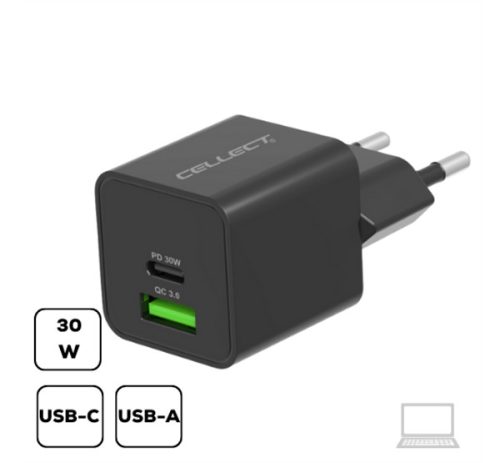 Hálózati töltő adapter PD30W/QC3.0 18W, fekete