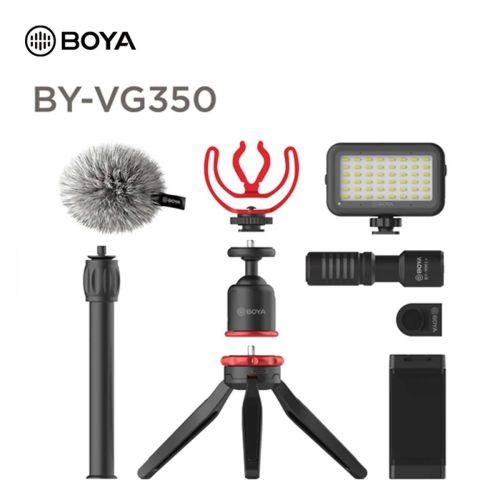 A BOYA Vlogging Kit 2 tartalma: Mini állvány + BY-MM1+ mikrofon + LED lámpa + hidegcipős tartó fekete EU