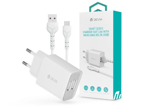 Devia Smart 2xUSB hálózati töltő adapter + USB - micro USB kábel 1 m-es         vezetékkel - Devia Smart Series Charger Suit With Micro Cable - 5V/2.4A - fehér